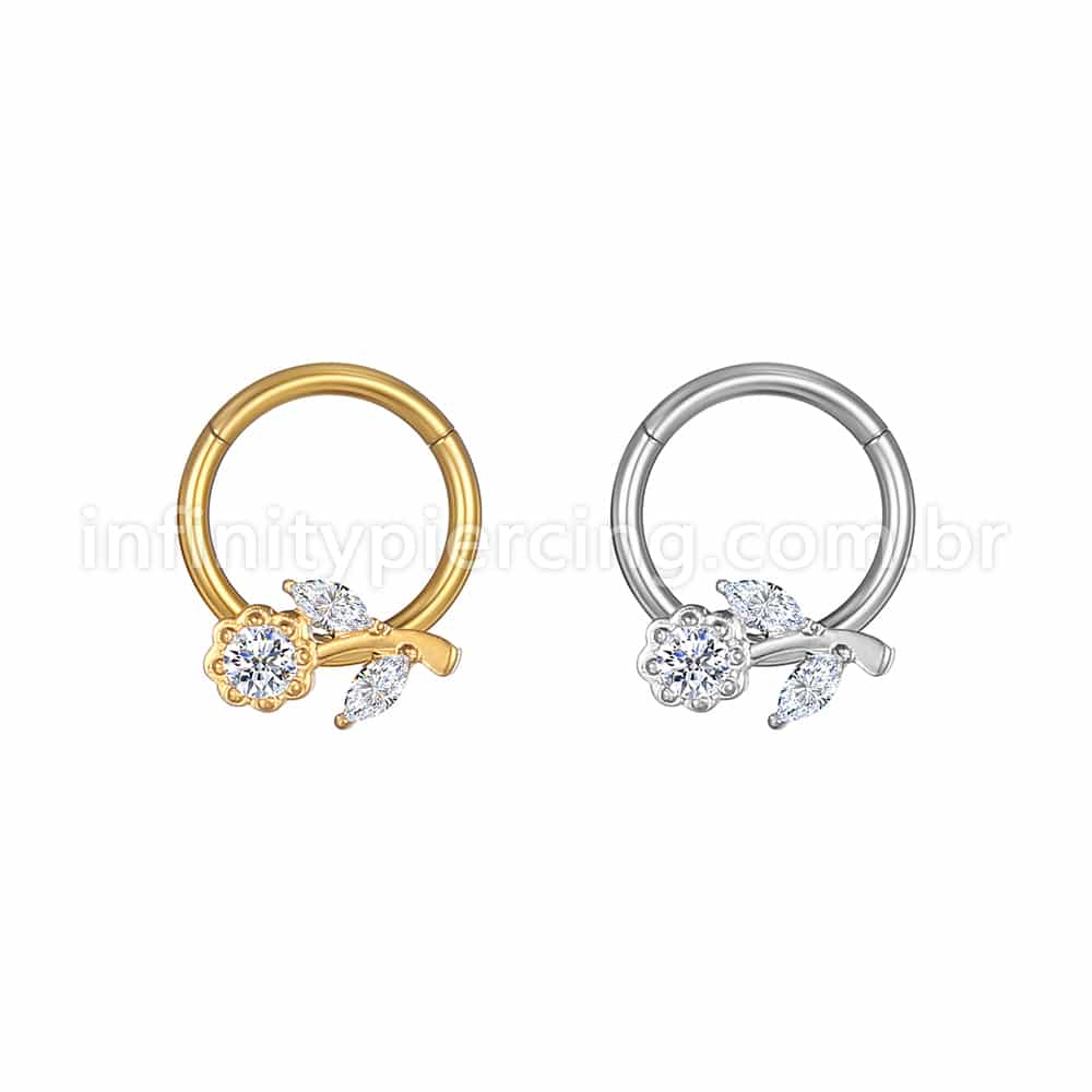 Piercing Argola Aço Cirúrgico Segmento Articulado Flor Zircônia Cravejada